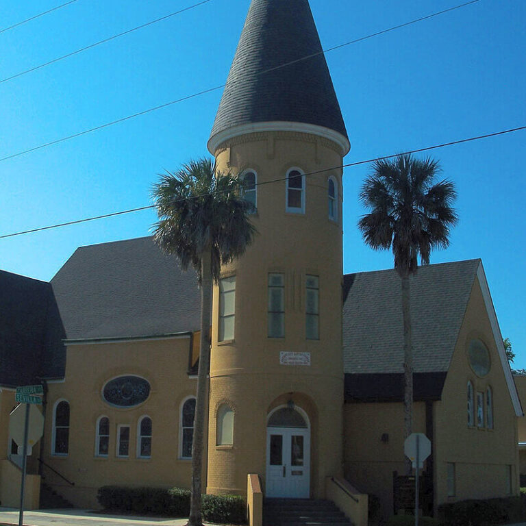 Ancient City Baptist Church with a prominent steeple