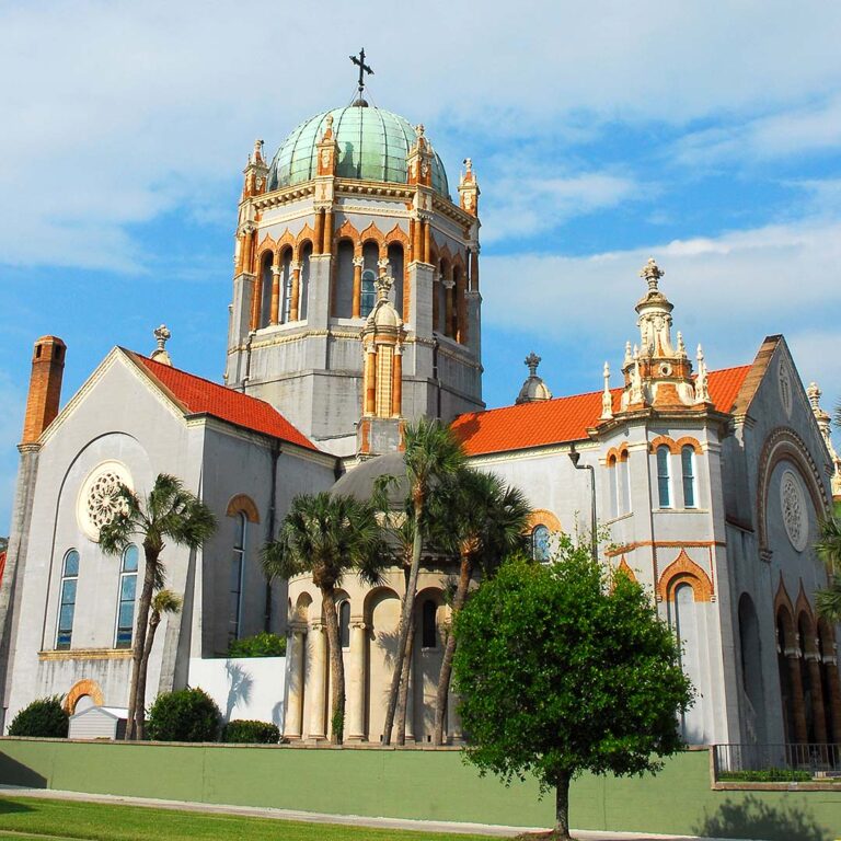 Memorial Presbyterian Church, highlighted by prominent steeple