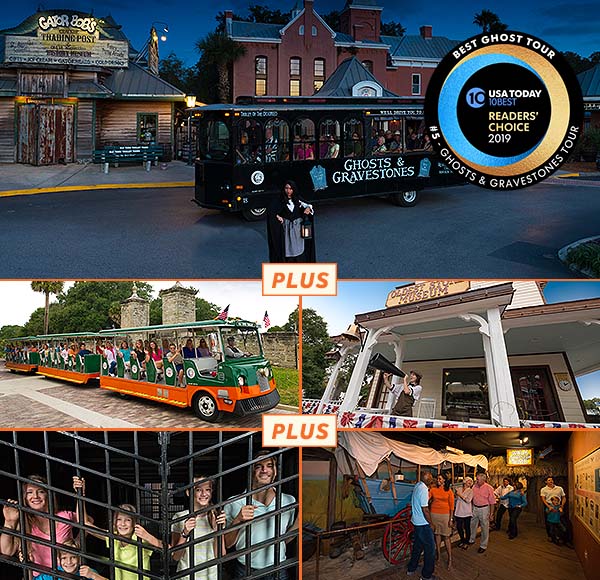 Top picture: Ghost trolley at night in front of St. Augustine Old Jail and over picture, a round logo that reads USA Today 10 BEST READERS' CHOICE 2019' and around logo, the words 'BEST GHOST TOUR, #5 - GHOSTS & GRAVESTONES TOUR'. Bottom four pictures clockwise: picture 1: trolley driving past old city gates. Picture 2: exterior shot of Oldest Store Museum with a cast member talking into a megaphone. Picture 3: Guests standing next to a wagon inside the St. Augustine History Museum. Picture 4: A family of five standing behind bars inside Old Jail Museum.