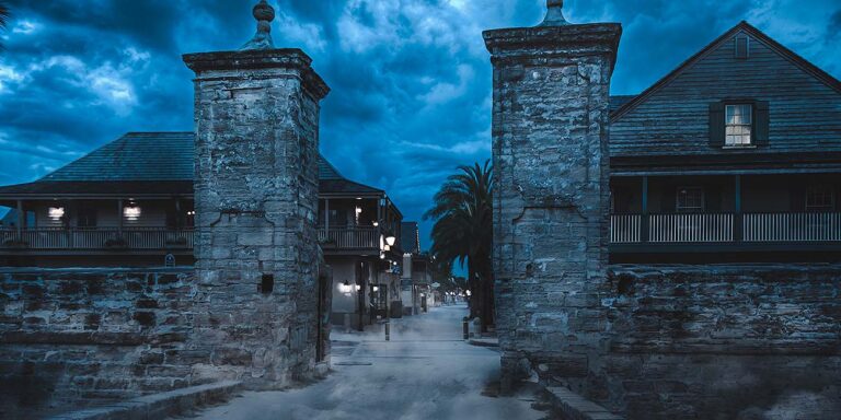 spooky St. Augustine City Gates at night